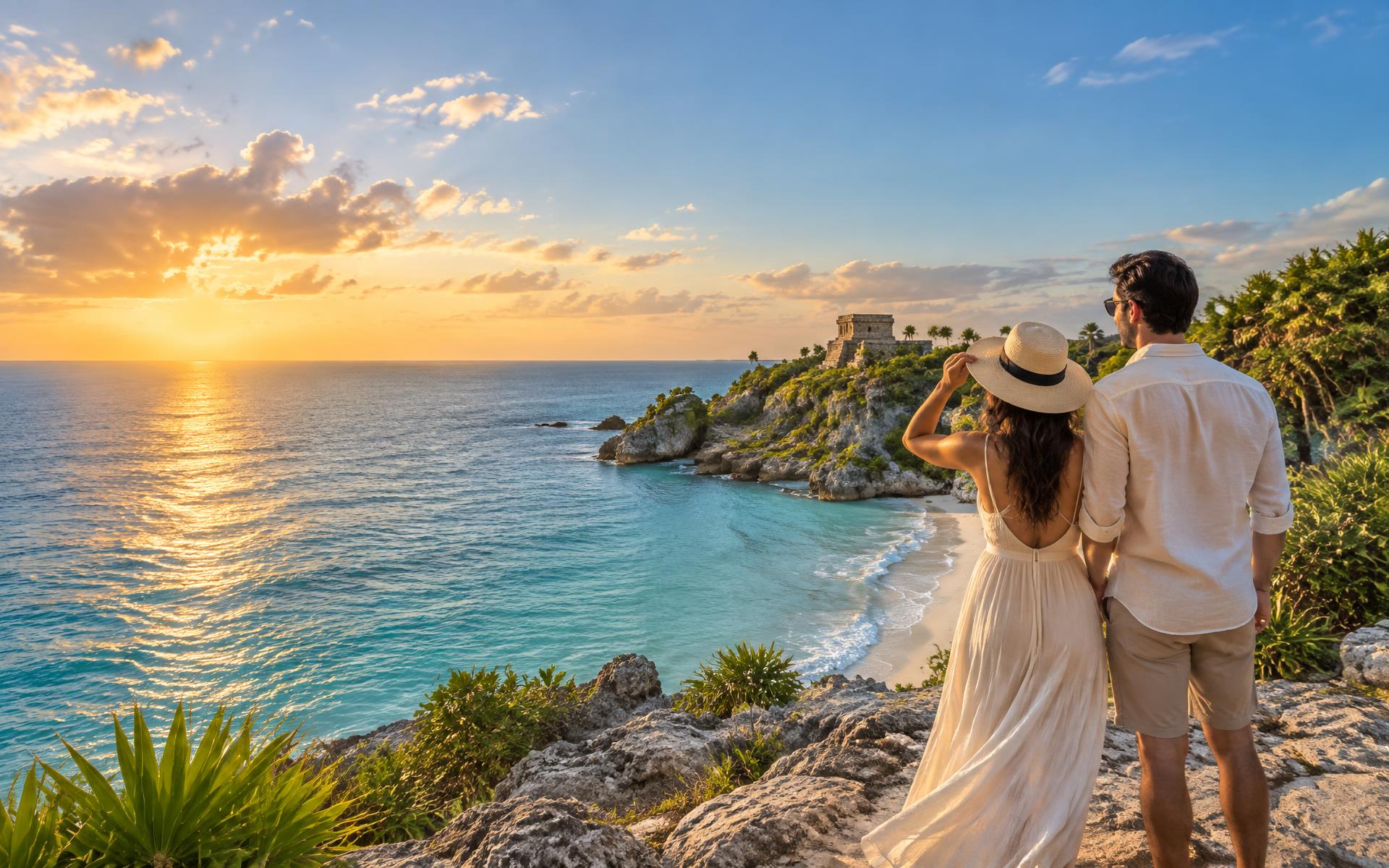 Pareja contemplando la costa del Caribe mexicano