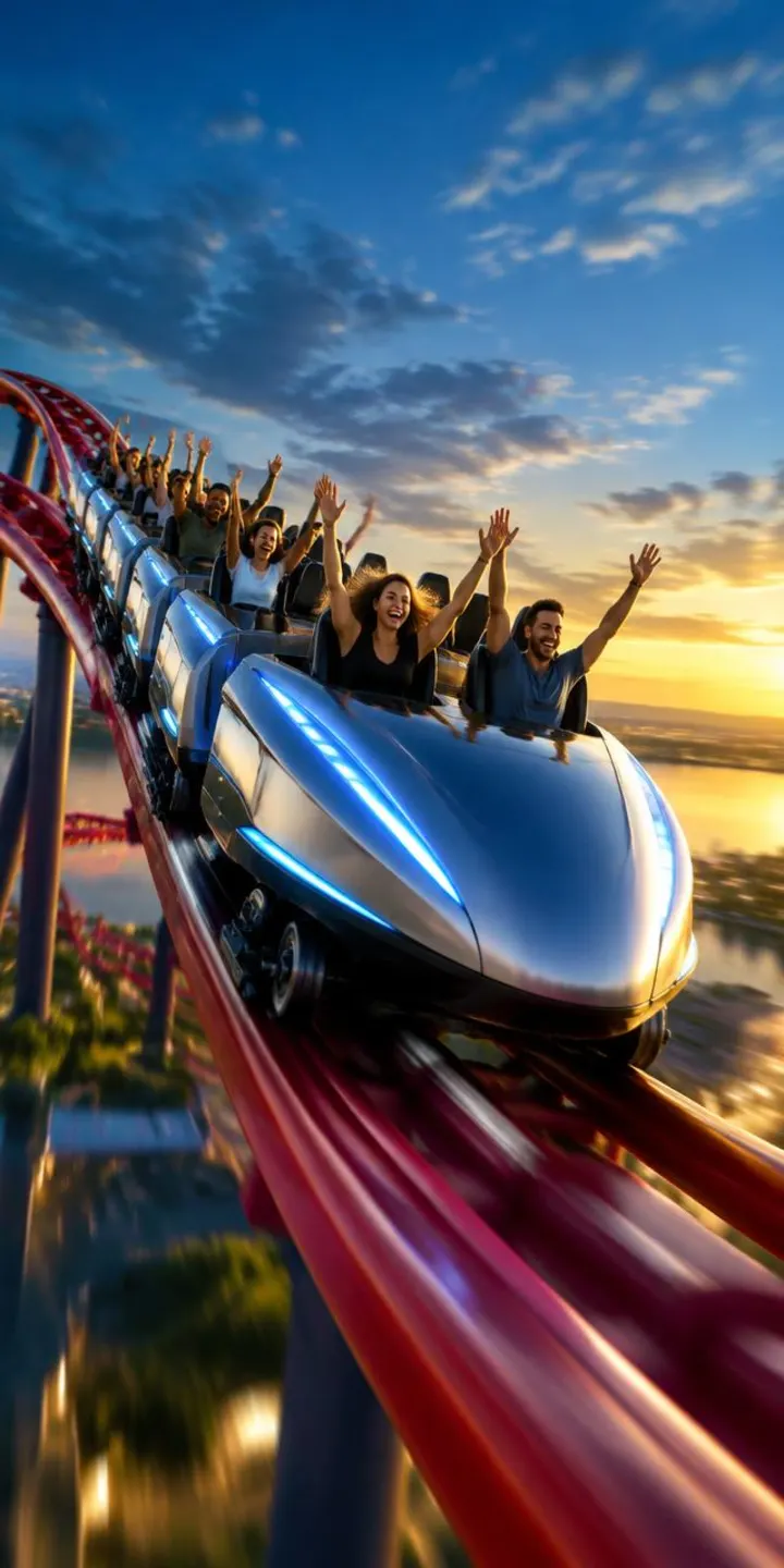 Montaña rusa futurista con personas disfrutando